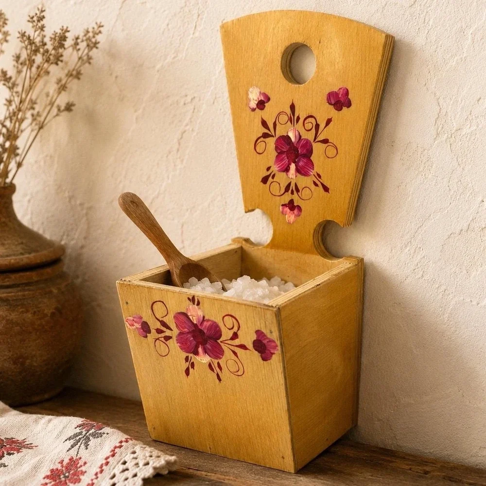 Vintage 1990 Soviet Wood Salt Box Hand Painted Floral Folk Art Wall Mounted